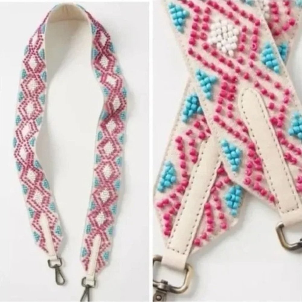 🌵 Anthropologie Blue Red Beaded Geo Beaded Wide Guitar Bag Strap
